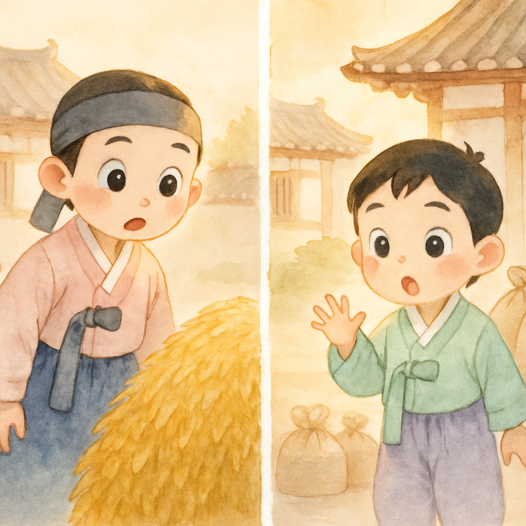 아침에 형과 동생이 각각 곡식이 그대로인 것을 보고 놀라는 장면